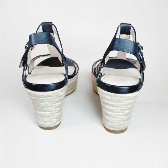 Cole Haan Size 8.5 Sandals Espadrille Black Leather Wedges Ankle T Strap Heels - Picture 5 of 9